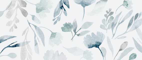Abstract botanical in pattern vector background. Blossom wallpaper design with blue flowers, leaves, branches in watercolor texture. Vector illustration suitable for fabric, prints, cover. - obrazy, fototapety, plakaty