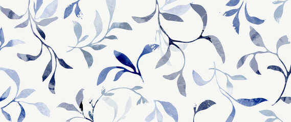 Abstract botanical in pattern vector background. Foliage wallpaper with blue leaves, branches in watercolor texture. Spring leaf illustration suitable for fabric, prints, cover. - obrazy, fototapety, plakaty
