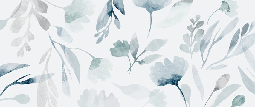 Abstract botanical in pattern vector background. Blossom wallpaper design with blue flowers, leaves, branches in watercolor texture. Vector illustration suitable for fabric, prints, cover.