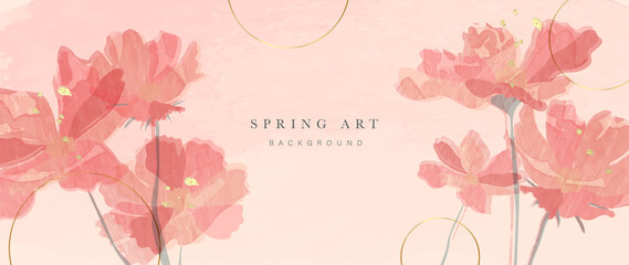 Spring floral in watercolor vector background. Luxury wallpaper design with pink flowers, circles, golden texture. Elegant gold blossom flowers illustration suitable for fabric, prints, cover.