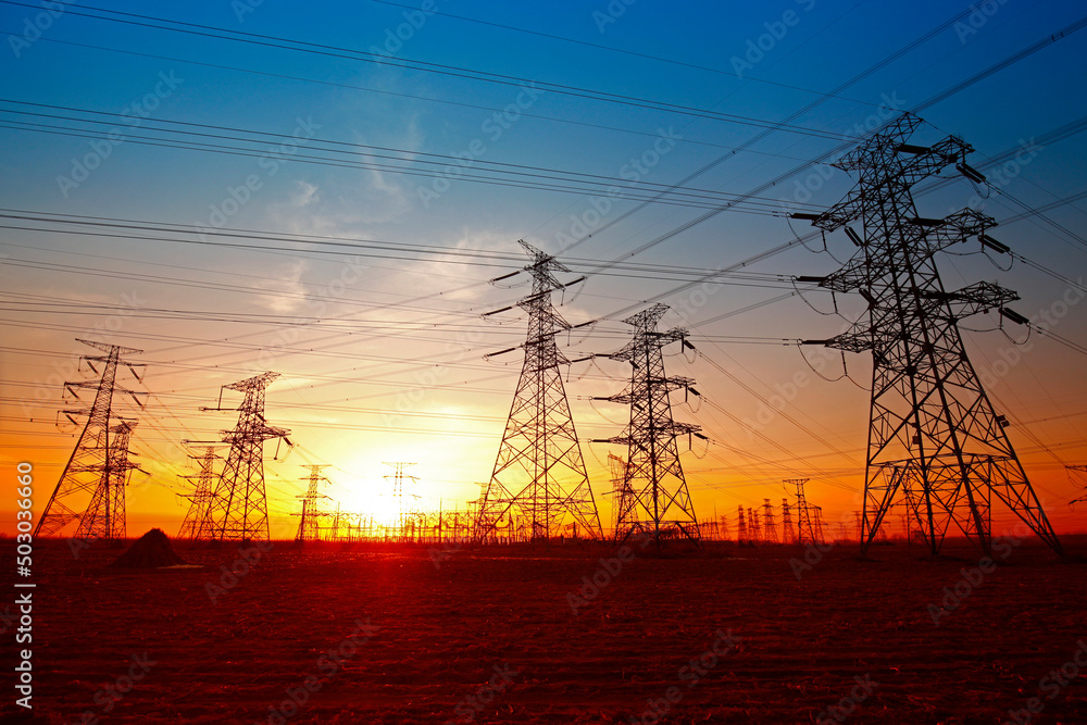 Wall mural wire electrical energy at sunset