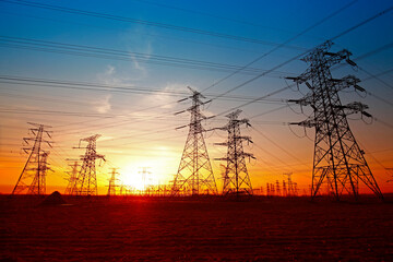 Fototapeta Wire electrical energy at sunset obraz