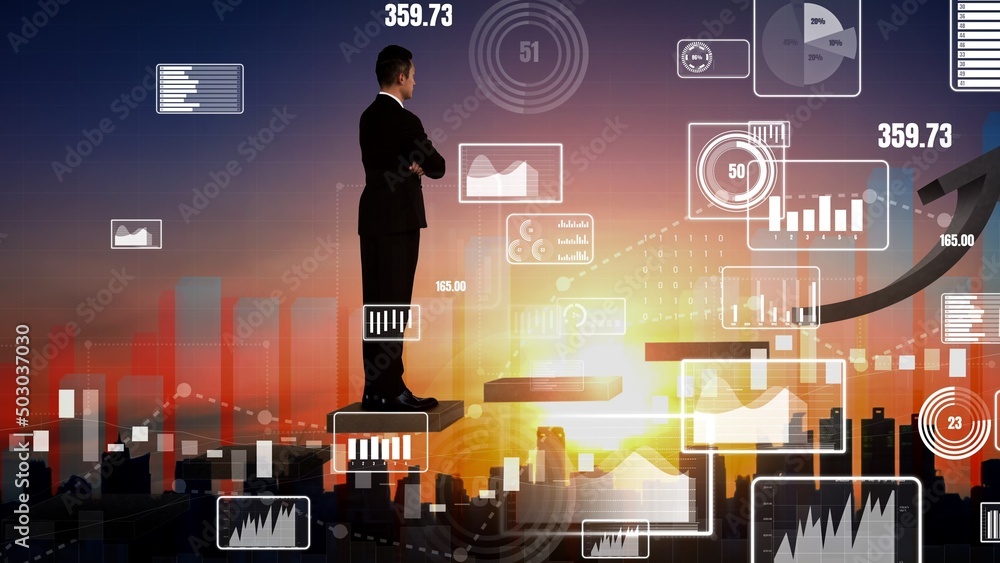 Poster double exposure image of business and finance conceptual - businessman with report chart up forward 