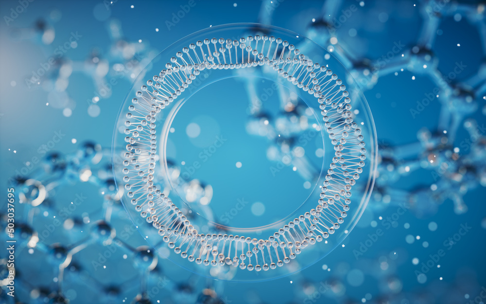 Poster dna genomes structure with molecule background, 3d rendering.