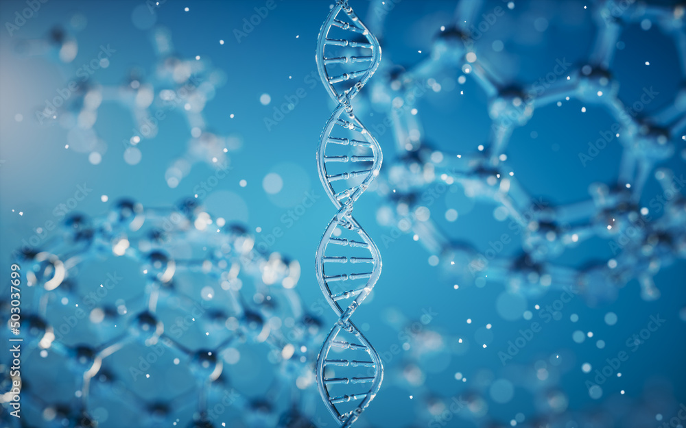 Poster dna genomes structure with molecule background, 3d rendering.