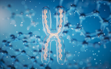 Chromosome with molecule background, 3d rendering.