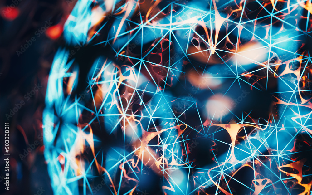 Poster biochemistry sphere with digital mesh lines, 3d rendering.