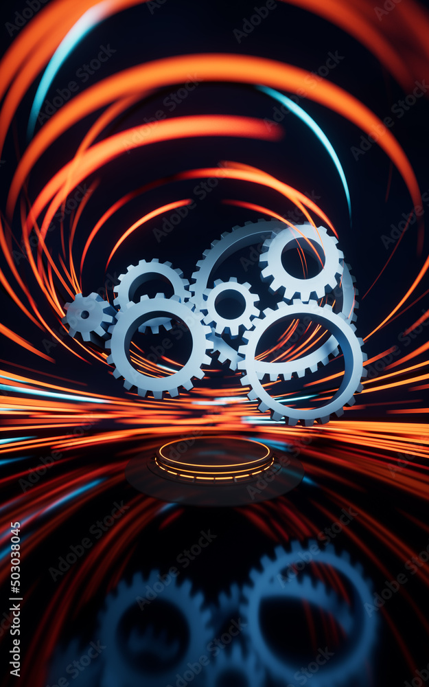 Poster mechanical gears belt with spin lines effect background, 3d rendering.