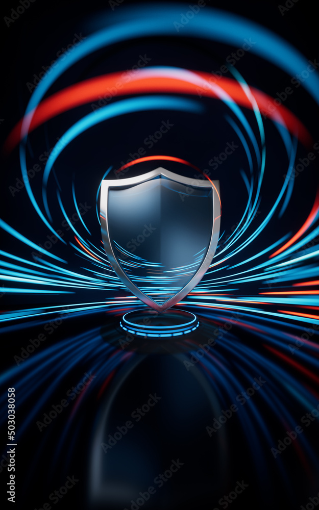 Aufkleber shield with spin lines effect background, 3d rendering.