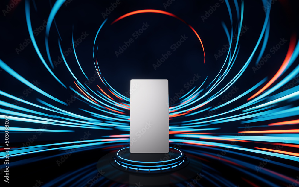 Poster mobile phone with spin lines effect background, 3d rendering.