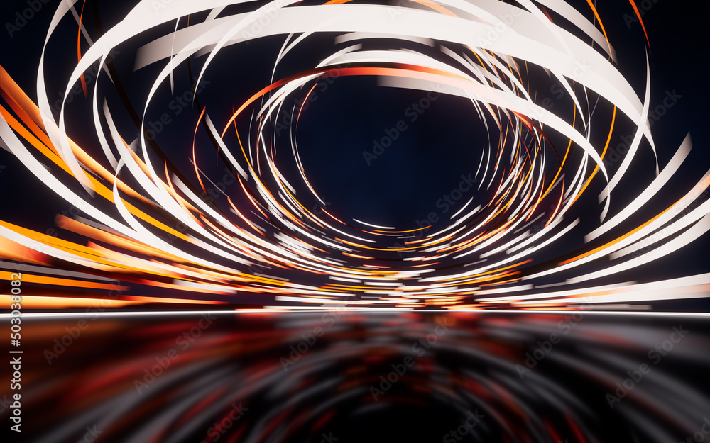 Poster glowing round illuminated lines with motion blur, 3d rendering.