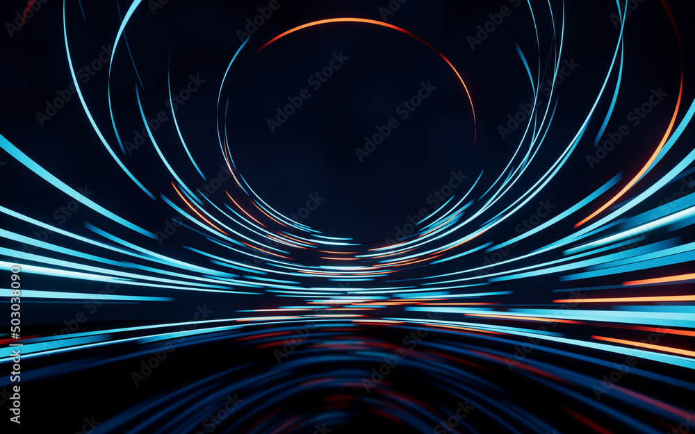 Poster glowing round illuminated lines with motion blur, 3d rendering.