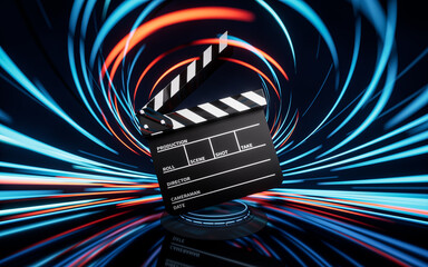 Clapper board with spin lines effect background, 3d rendering.