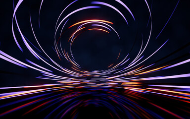 Naklejka na ściany i meble Glowing round illuminated lines with motion blur, 3d rendering.