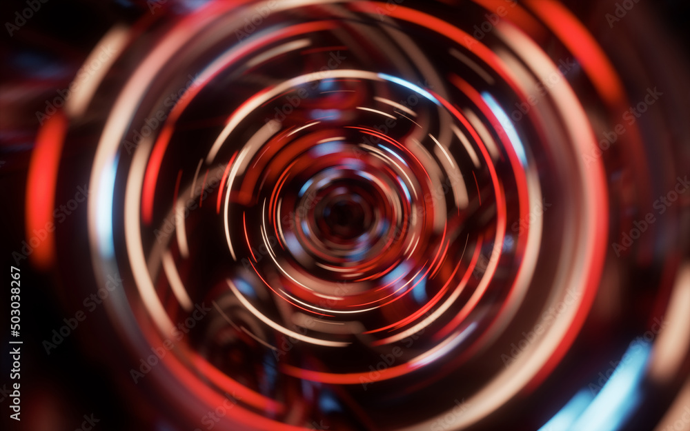 Poster glowing round illuminated lines with motion blur, 3d rendering.