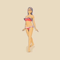 Illustration of a beautiful fashion model posing in a stylish swimsuit. Young attractive woman in bikini. Sketch style outline