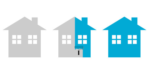 Paint roller brush with painted marking colored blue wall of home or house icon flat vector design.