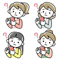 スマホを見て首をかしげる若い女性の上半身セット