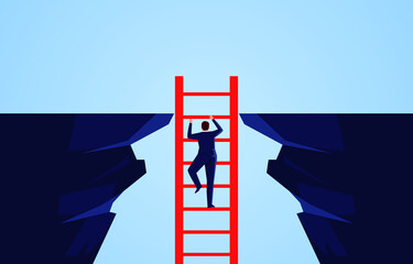 Businessman climbing a ladder from the bottom of the cliff to the top of the cliff, challenging difficulties and conquering adversity