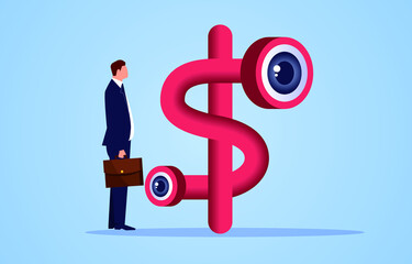 Financial and economic observation analysis, businessman standing near binoculars with dollar sign and observing.