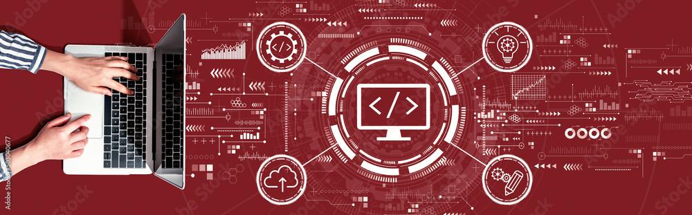 Poster web development concept with person using a laptop computer