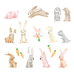 baby rabbits cartoon posing on white background watercolor illustration cute funny style