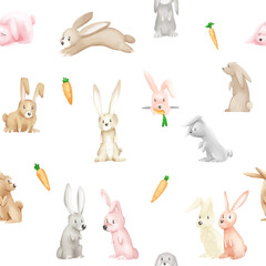 baby rabbits cartoon art on white background watercolor illustration  funny style seamless pattern