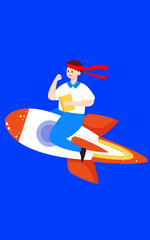 Boy sitting on a rocket and studying with paper and books in the background, vector illustration