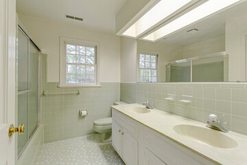 Fototapeta na wymiar modern bathroom interior with tiles double vanity 