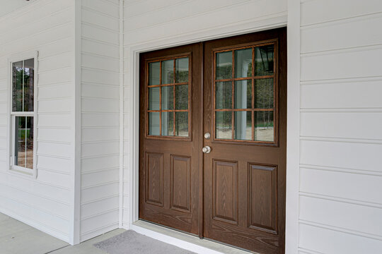 Luxury Farmhouse Wood Detail Door Entry White Paneling Architecture Glass Paneling Exterior