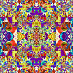 Composición de arte abstracto digital consistente en figuras geométricas variadas encajadas de forma simétrica en un todo que aparenta ser un tunel caleidoscópico infinito y colorido.