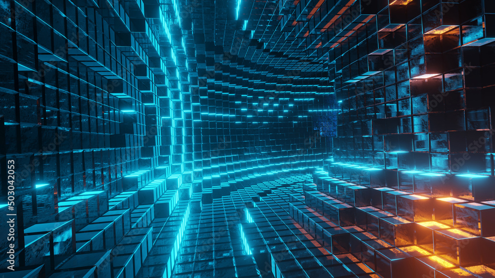 Poster 3d rendering tunnel abstract tech curved science fiction metal grid