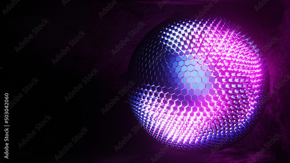 Poster 3d rendering hexagon grid sphere with glow edge color in darkroom