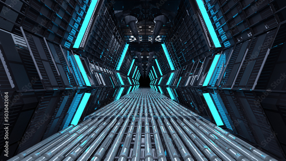Poster 3d rendering of abstract dark red science fiction sci-fi hallway