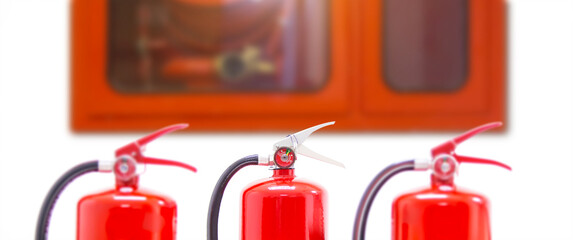 Fire extinguisher, Close-up red fire extinguishers tank in building concepts of fire equipment for...