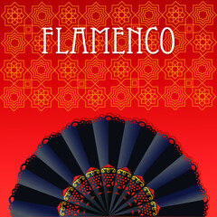 red andalusian flamenco background woth folding fan - obrazy, fototapety, plakaty