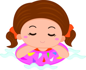 Swimming little girl with donut tube