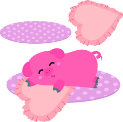 Lazy pig sleeping on the mat with heart pillows