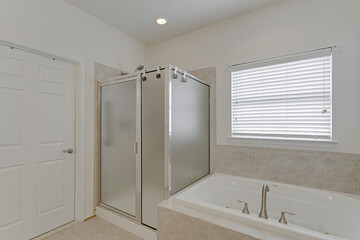 White interior bathroom modern tub jacuzzi stand in shower chrome recessed lights