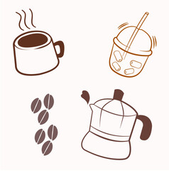 Illustration of Coffee Moka Pot with a coffee mug, plastic glass and coffee beans