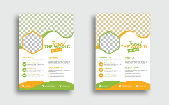Travel poster or flyer pamphlet brochure design layout space for photo background. Yellow Travel flyer template for travel agency