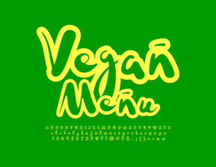 Vector green template Vegan Menu. Bright creative Font. Set of Handwritten Alphabet Letters, Numbers and Symbols