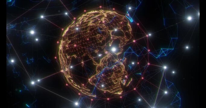 Digital animation of a network of lines connected with profile icons, lines, and dots. The screen slowly rotates to reveal more connection to the world map