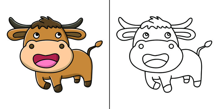 Buffalo Icon Cartoon. Cow Symbol Vector Kids Coloring Book