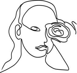 Beautiful woman face with flower drawing of continuous line vector illustration