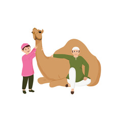 Islamic Man And Boy Holding Camel On White Background.