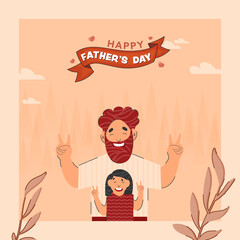 Happy Father's Day Concept With Cheerful Beard Man And His Daughter Giving Peace Sign On Peach Background.