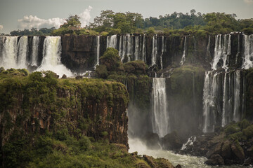 a view of the the many cascading waterfalls in Iguazu Falls, Brazil