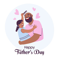 Happy Father's Day Greeting Card With Daughter Combing Her Dad Hair On Pastel Blue And White Background.