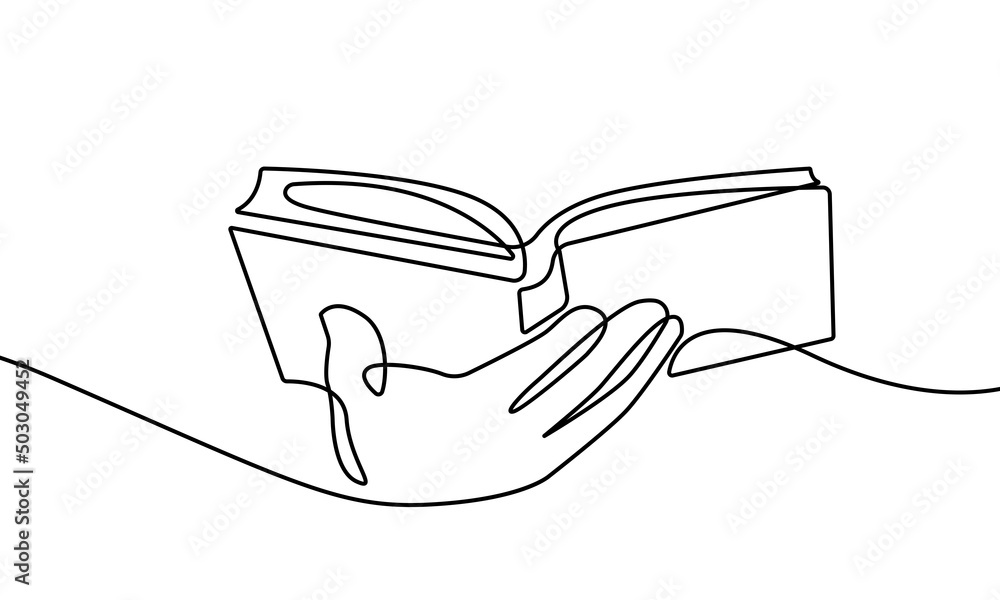 Poster hand with book line art drawing. minimalistic black lines drawing. symbol of reading continuous one 